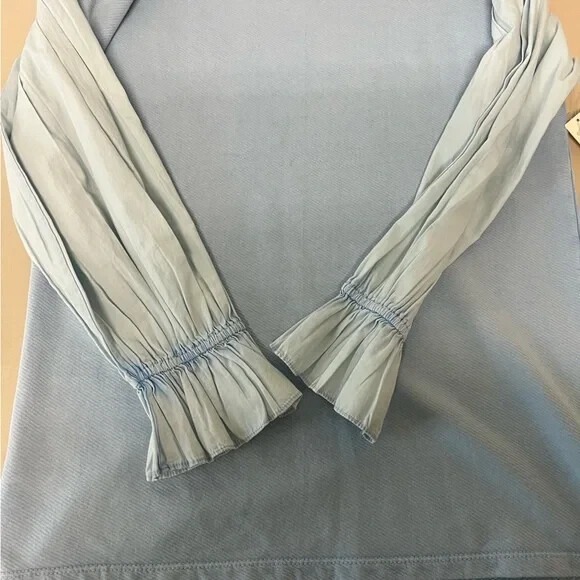 Anthropologie Pilcro Mixed-Media Pullover Top Ruffle Cuff Blue Size Small NWT - Picture 14 of 16
